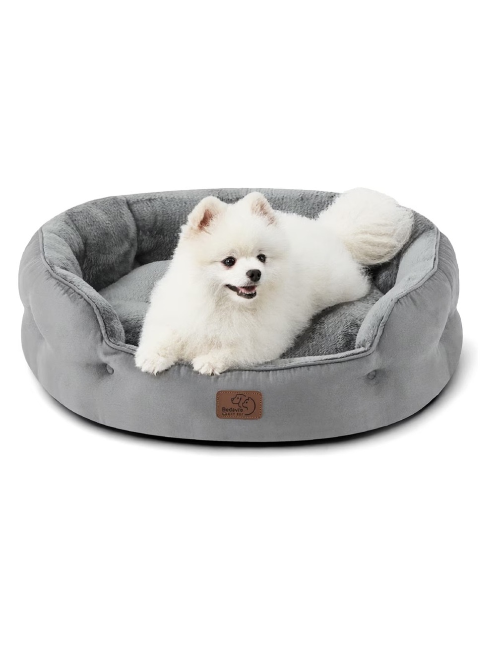 Bedsure Round Bolster Anti Slip Pet Bed Washable Pillow Cushion Gray Plush Soft